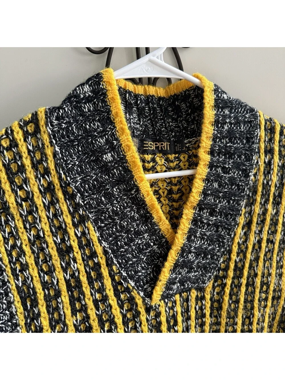 Vintage ESPRIT Sweater Vest Mens L 80s 90s Chunky Knit Yellow Black Preppy
